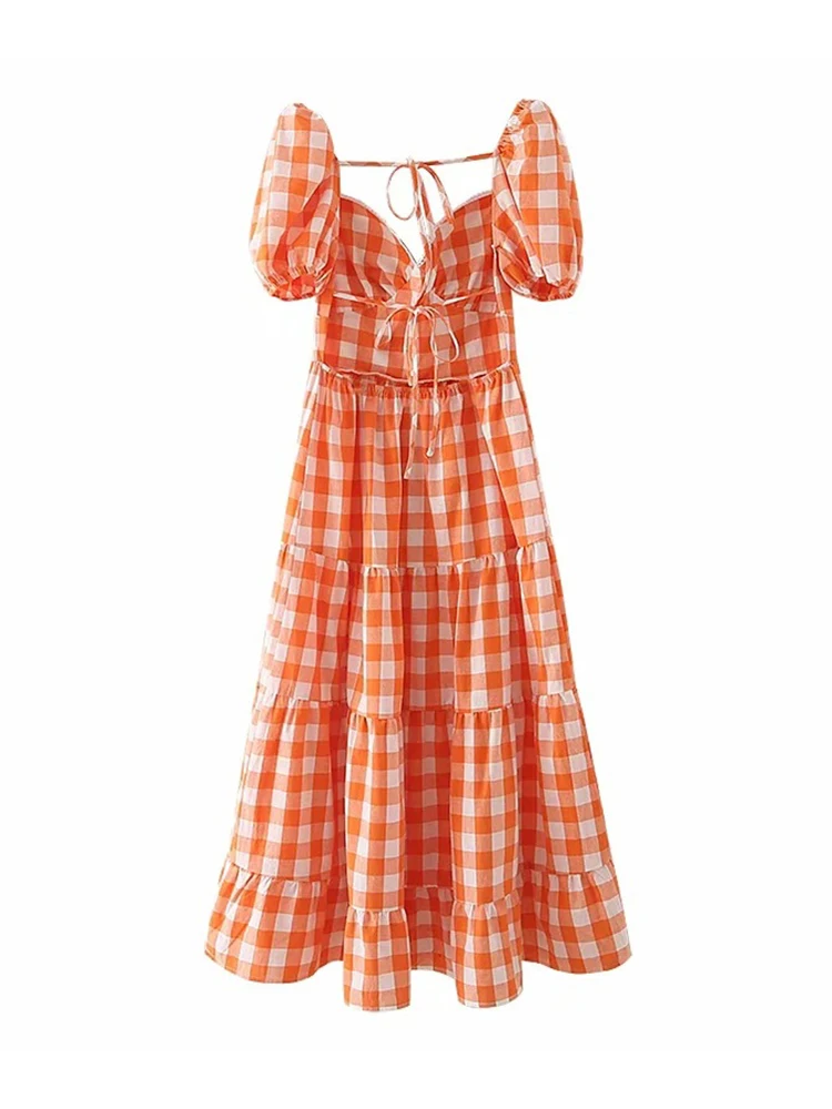 Aproms Elegant Orange Plaid Long Maxi Cotton Dress Women 2022 Summer Backless Tie Up Basic A-line Dresses High Fashion Sundress images - 6