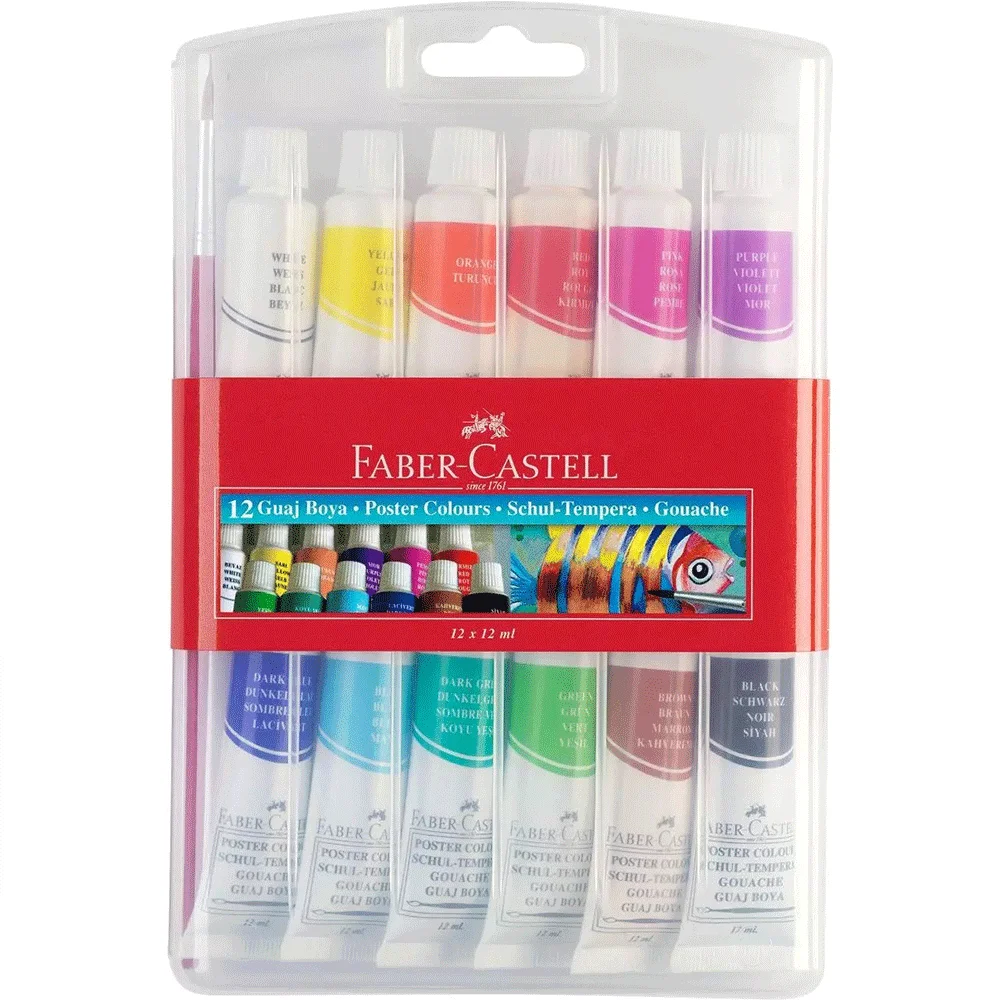 Faber-Castell Gouache colours, colour tubes, plastic wallet of 12 x 12 ml