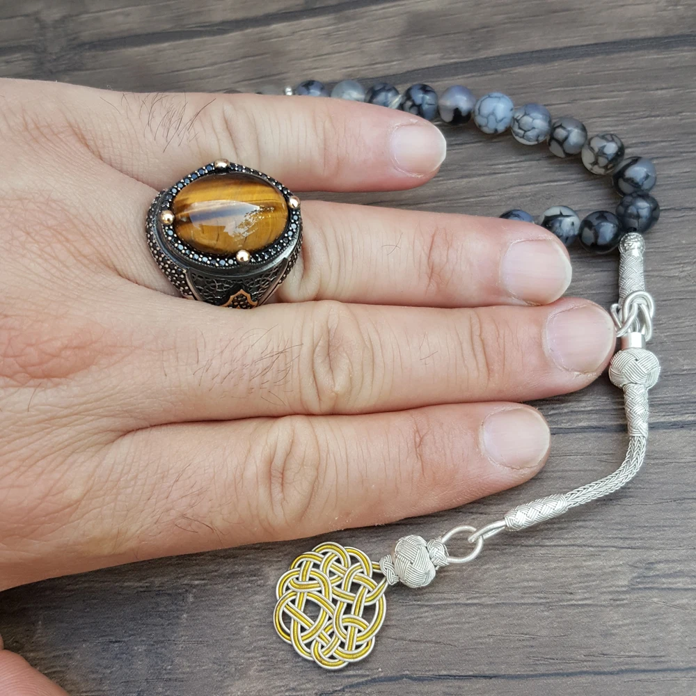 

925 Silver Men's Ring Male Tiger Eye Gift Bohemian Square Original Trendy for Men Turkish Jewelry Accessorie Wholesale
