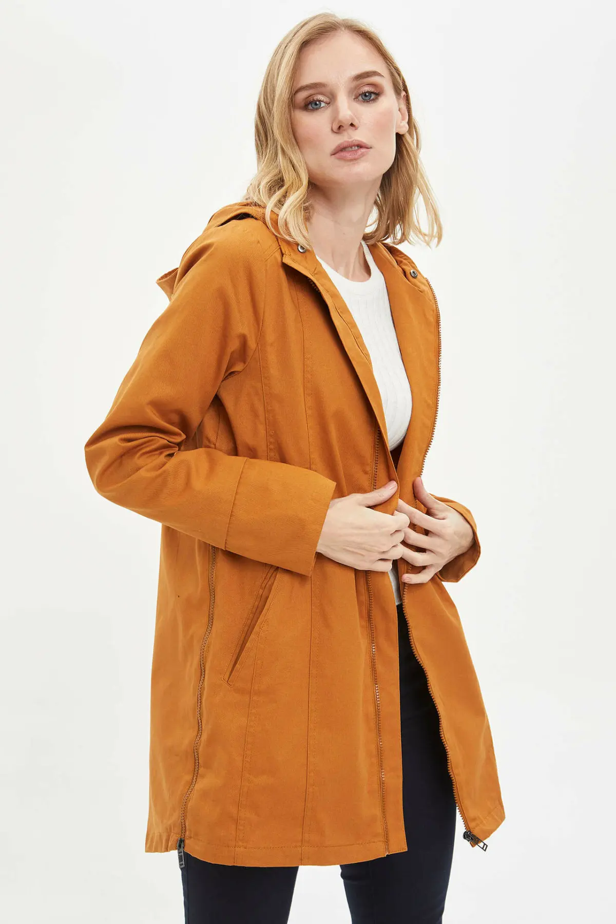 Женское хлопковое пальто DeFacto повседневное длинное цвета хаки светло Parka