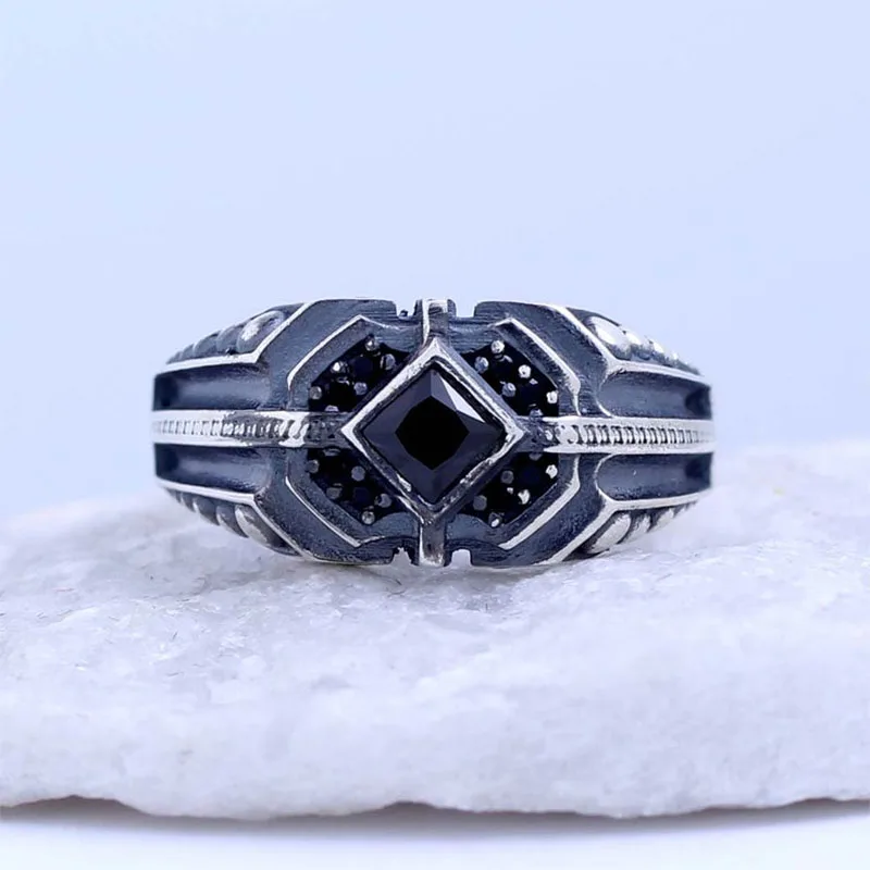 

Handmade Black Zircon Man Silver Ring, Square Zircon Silver Men Ring, Silver Zircon Man Ring