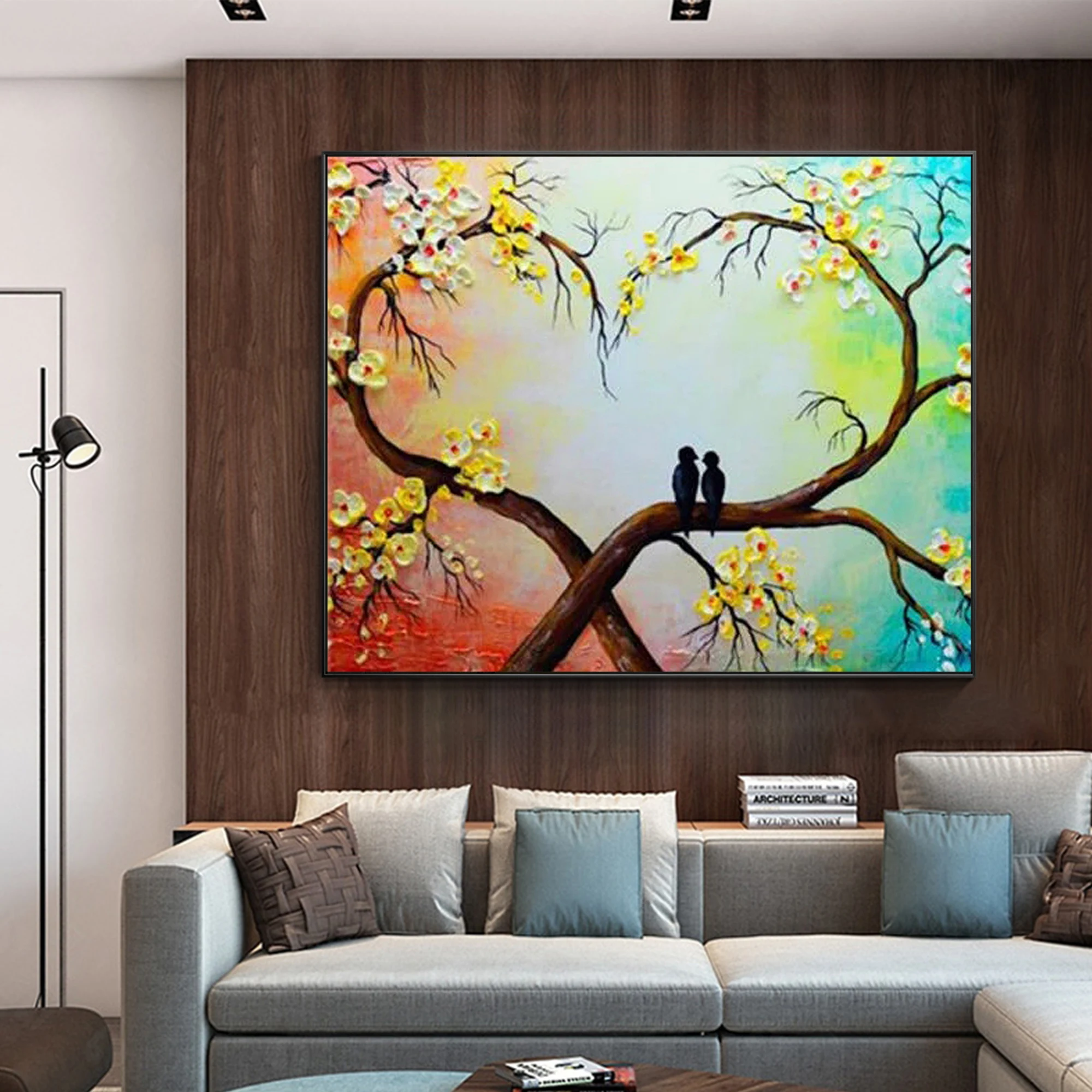 

3D palette knife texture flower Hand Painted Canvas Oil Painting Wall Pictures For Living Room palette knife happy birds art