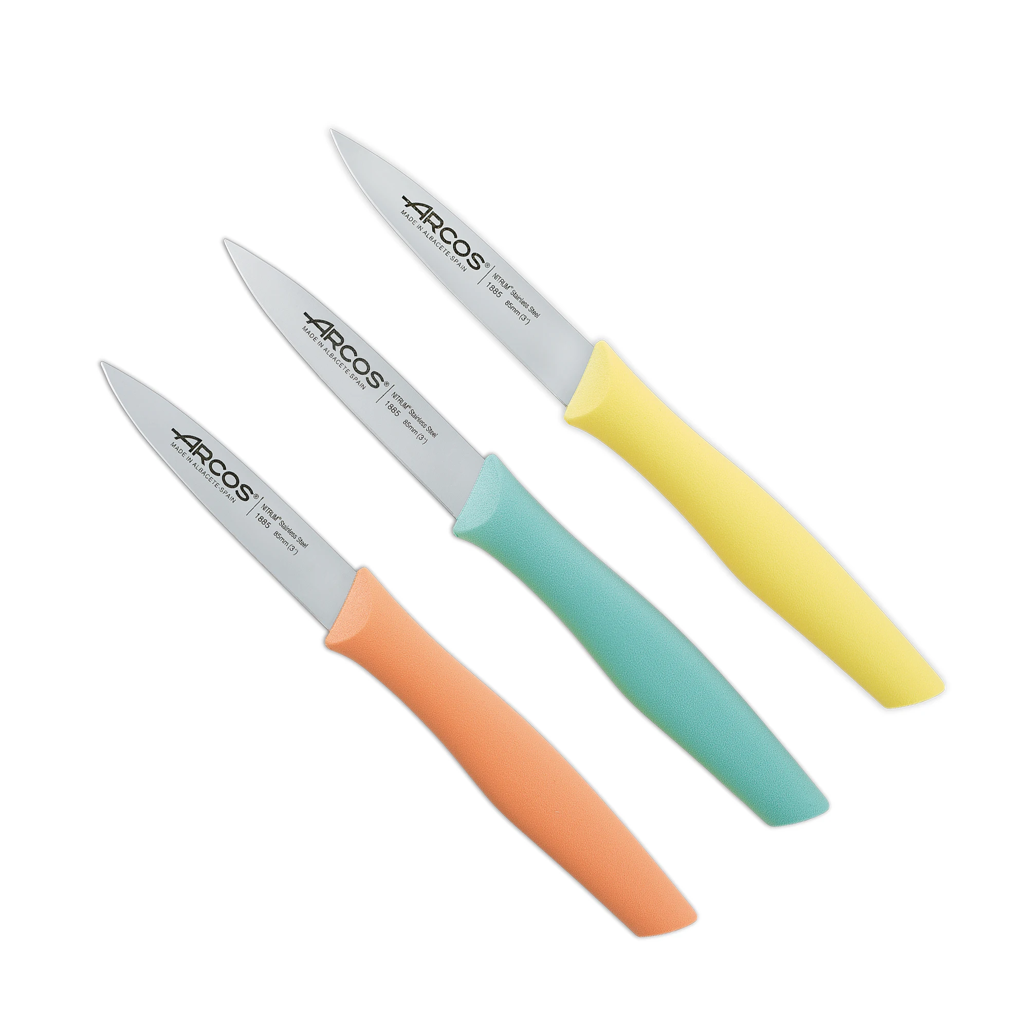 Bows professional kitchen knives set, 3 colors, yellow, turquoise and orange, peeling knife, blade 85 mm stainless steel Nitrum, eco-friendly packaging, cutlery colors, potato peeler