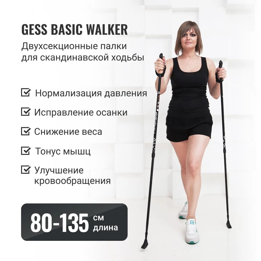 Палки для скандинавской ходьбы (двухсекционные) Basic Walker GESS-919 длина 80-135 см 2 шт |