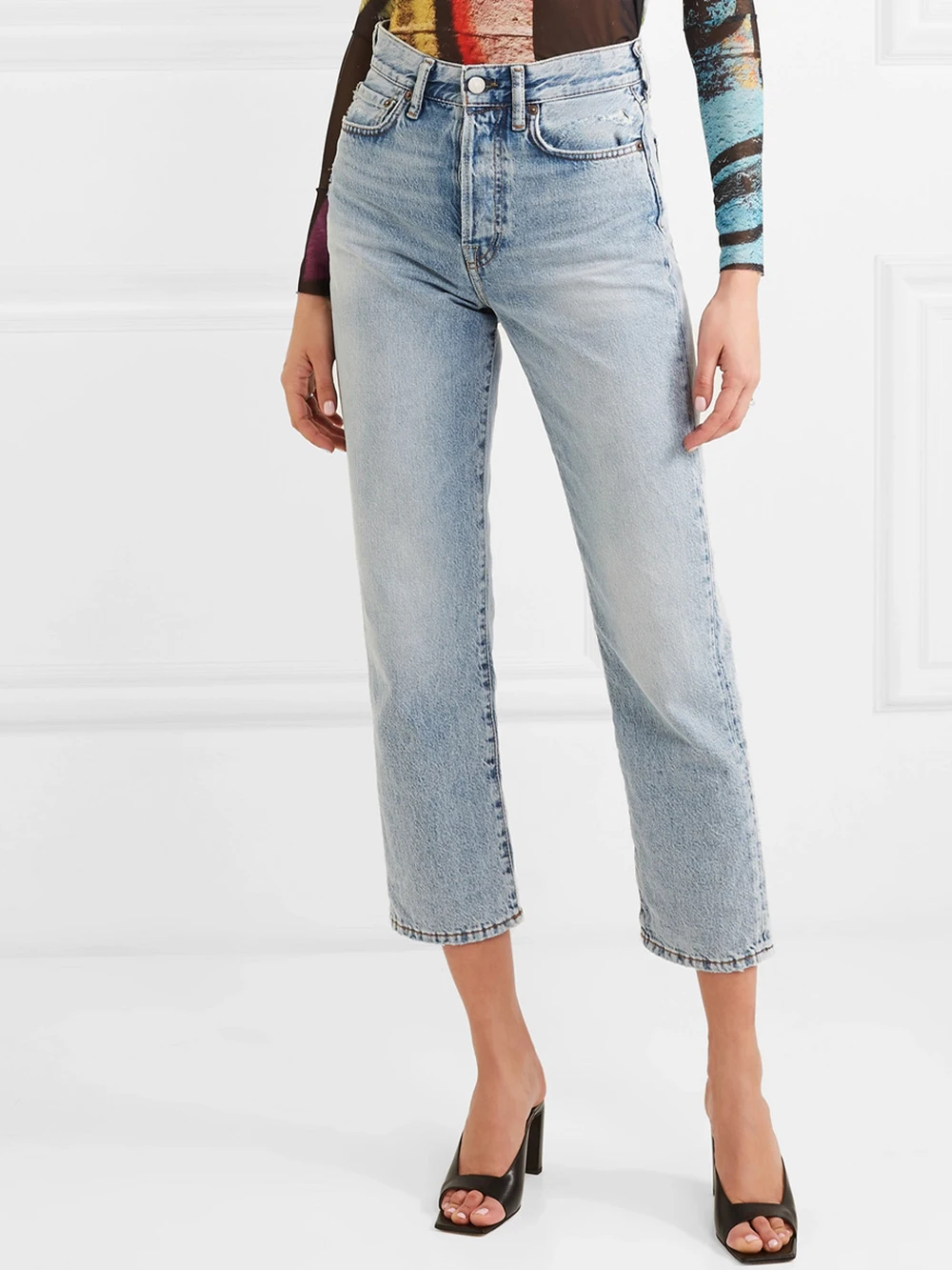 

ZESSAM Solid Buttons Woman Jeans High Waist High Waist Elastic Straight Calf-Length Jeans Casual Classic Lady Pants 2022