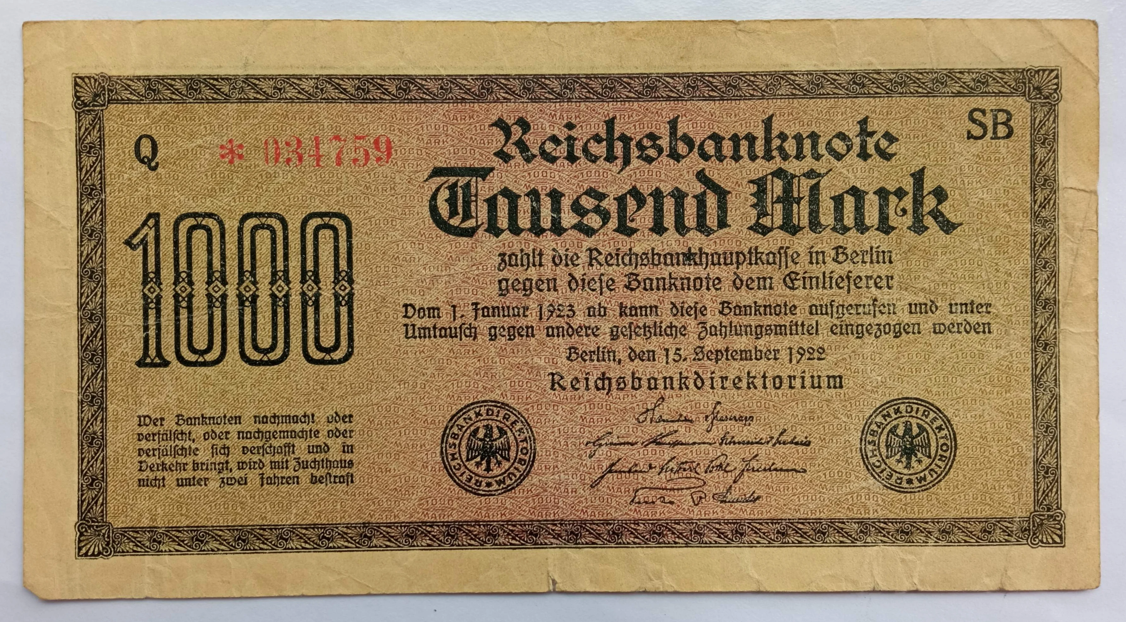 Банкнота Германия 1000 марок 1922 года |