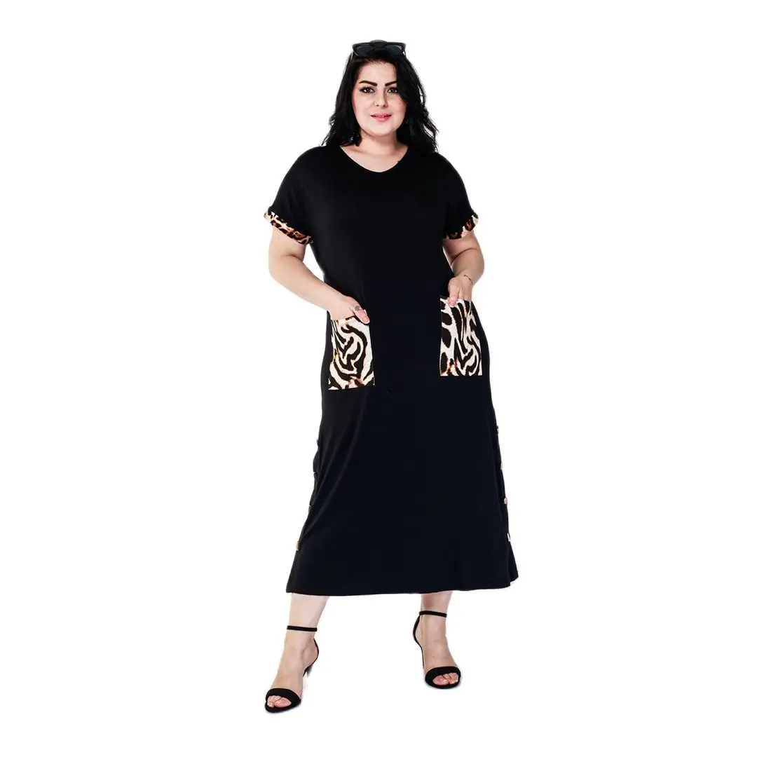 Women’s Plus Size Brown Leopard Print Pocket And Button Detail Midi Black Dress, Designed and Made in Turkey, New Arrival
