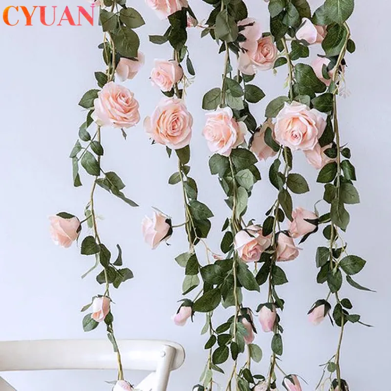 

Silk Artificial Rose Flower Rattan String Vine Plants Leaves Wall Hanging Garland Wedding Tropical Party Home Garden Decorations