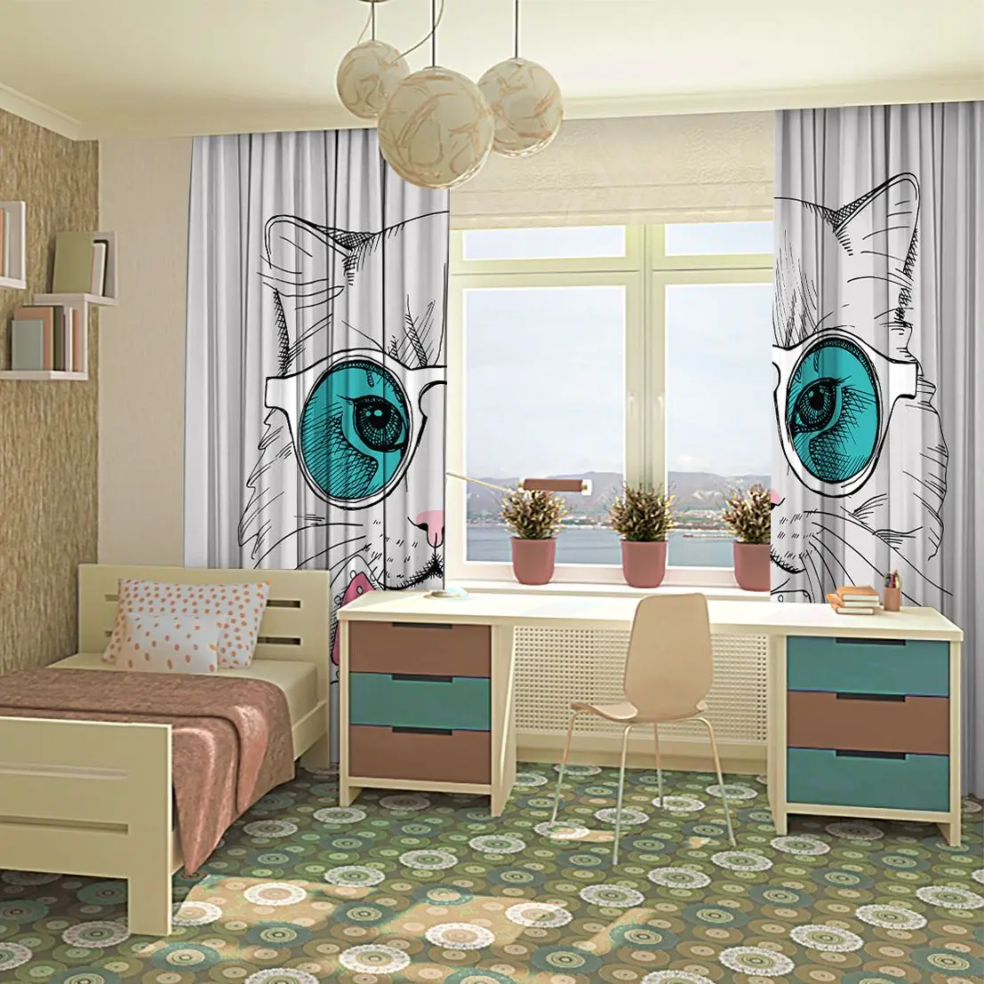 Занавес милый кот в очках и галстук бабочка модные стильные животные мультфильм