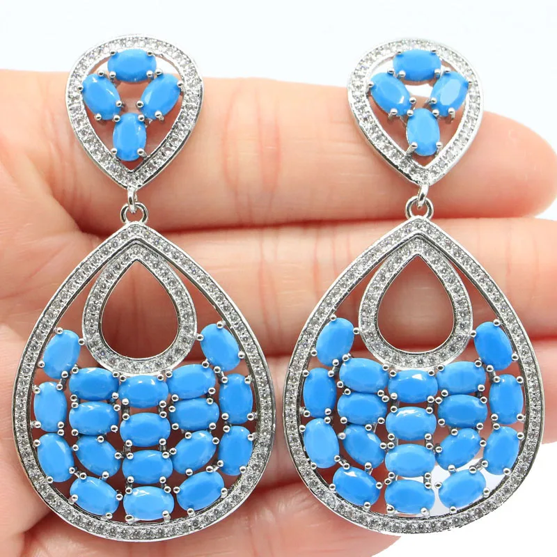 

61x31mm Big European Design 20g Created Blue Turquoise Paris Blue Topaz CZ For Women Jewelry Dating Silver Earrings