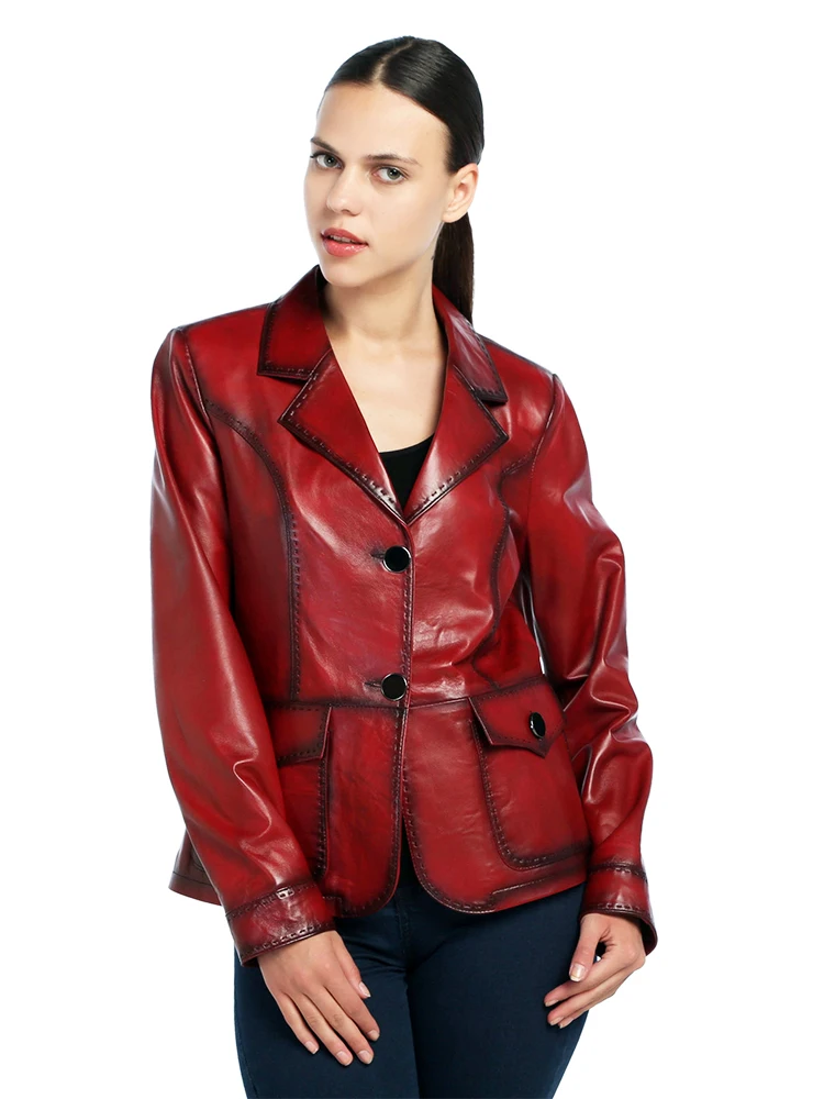

Genuine Soft Leather Handmade Brown Woman Jacket Blazer Style High Quality Lambskin Button For Autumn Gift For Valentine's Day