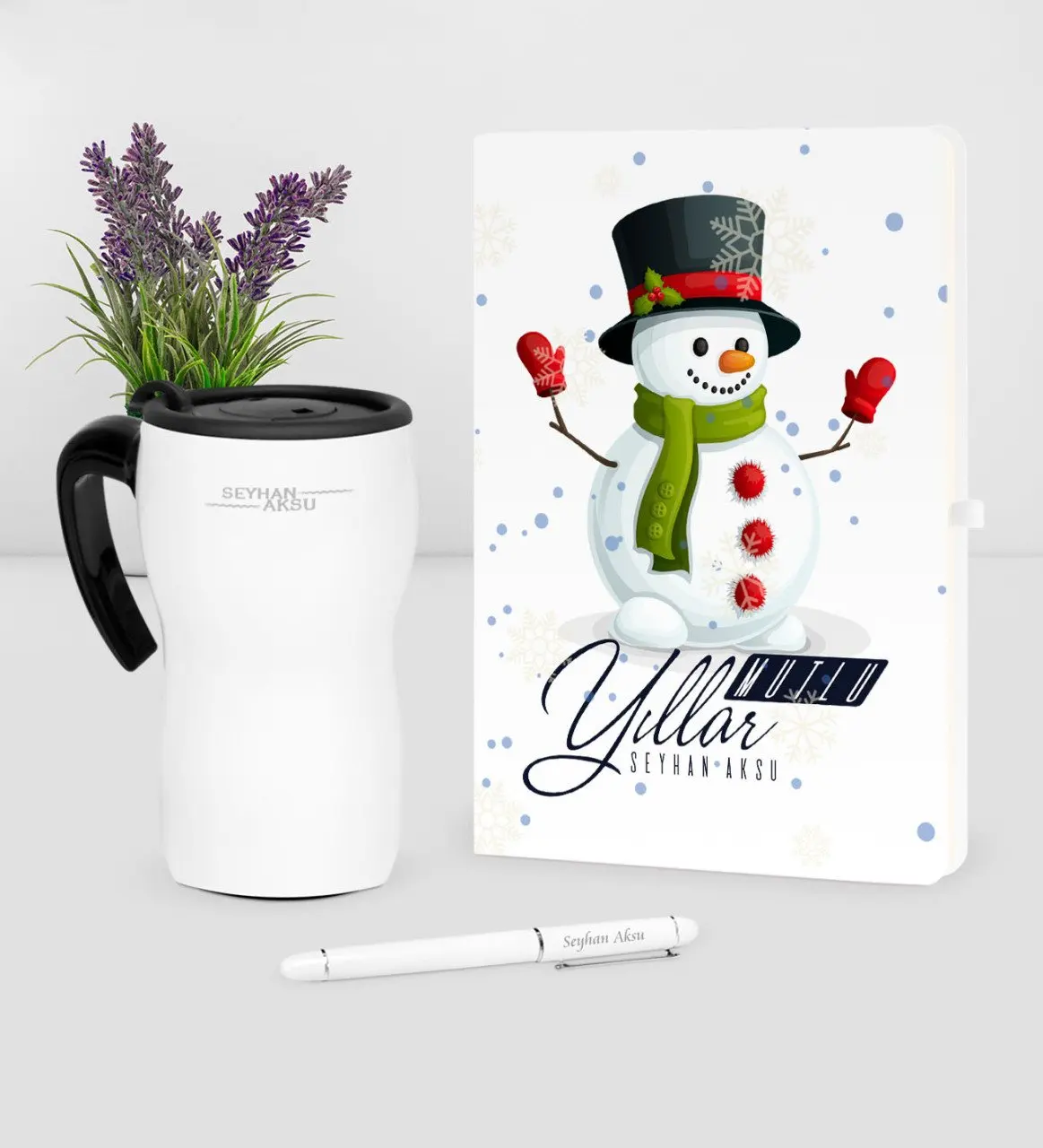 

Personalized Christmas Happy Birthday Themed White Notebook Pen Thermos Mug Set-16