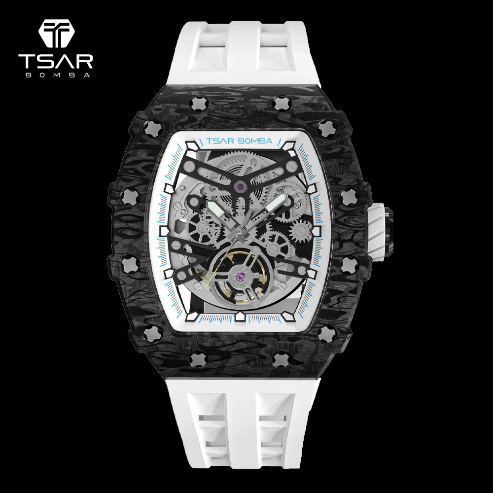 

TSAR BOMBA Mens Watch Luxury Carbon Firber Bezel 50ATM Waterproof Sapphire Tonneau Automatic Mechanical Clock Relogio Masculino