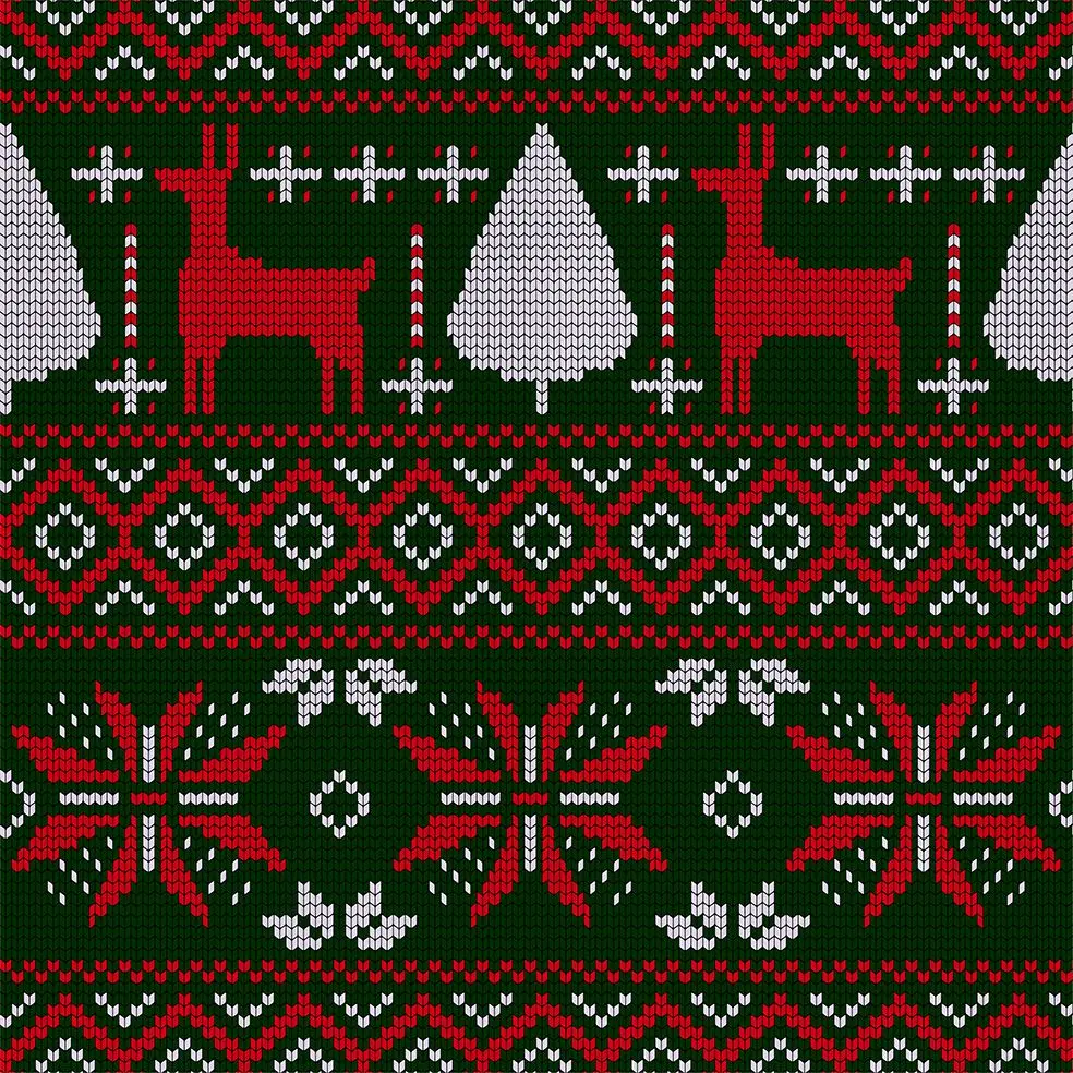 

Curtain Knitted Christmas Pattern Trees of Reindeers Floral Traditional Folk Art Printed Green Red White