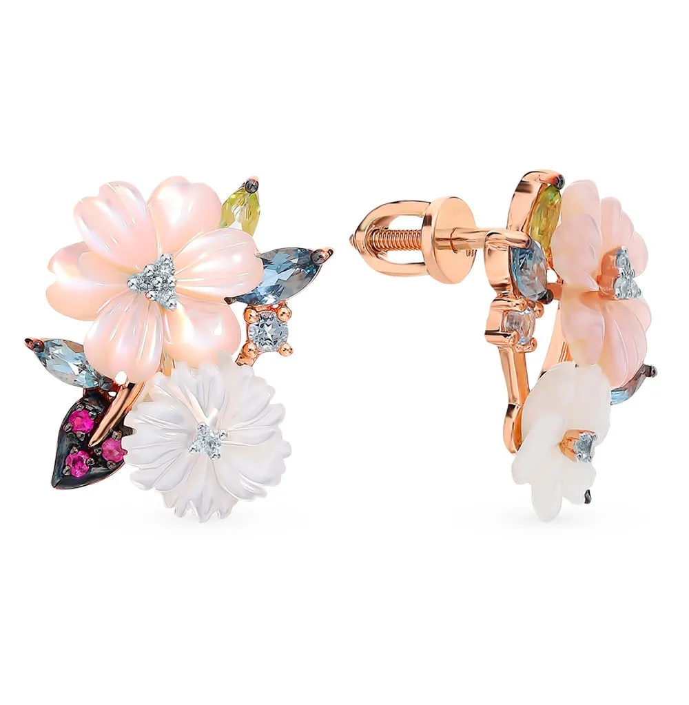 Золотые серьги с рубинами сапфирами хризолитом топазами перламутром и