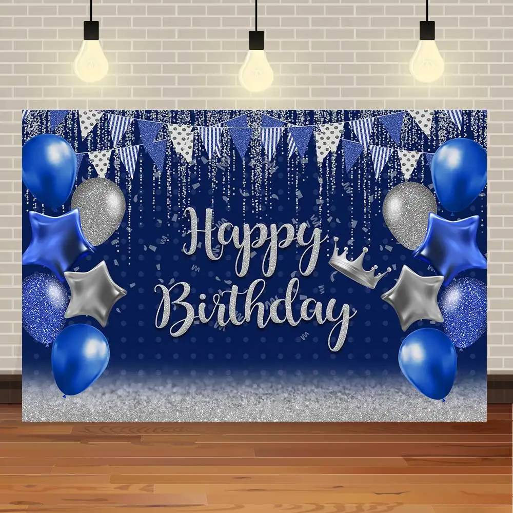 

NeoBack Blue Silver Glitter Balloon Colorful Flags Crown Adult Birthday Party Banner Photo Backdrop Photography Background