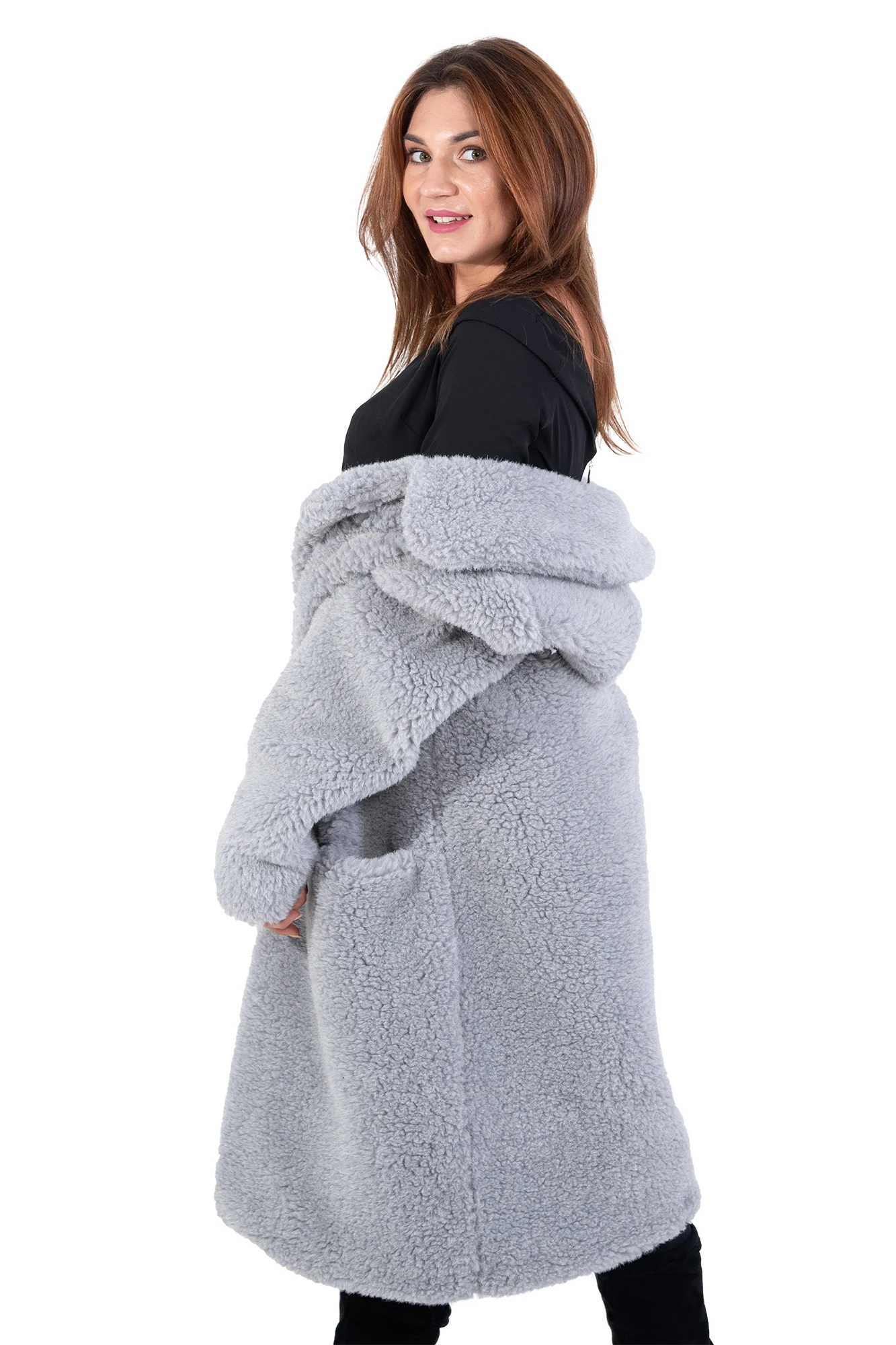 Ecoshubka Classic 100 cm color gray fur coat female from natural sheep wool on buttons casual women furry waistcoat ewe warming clothes |
