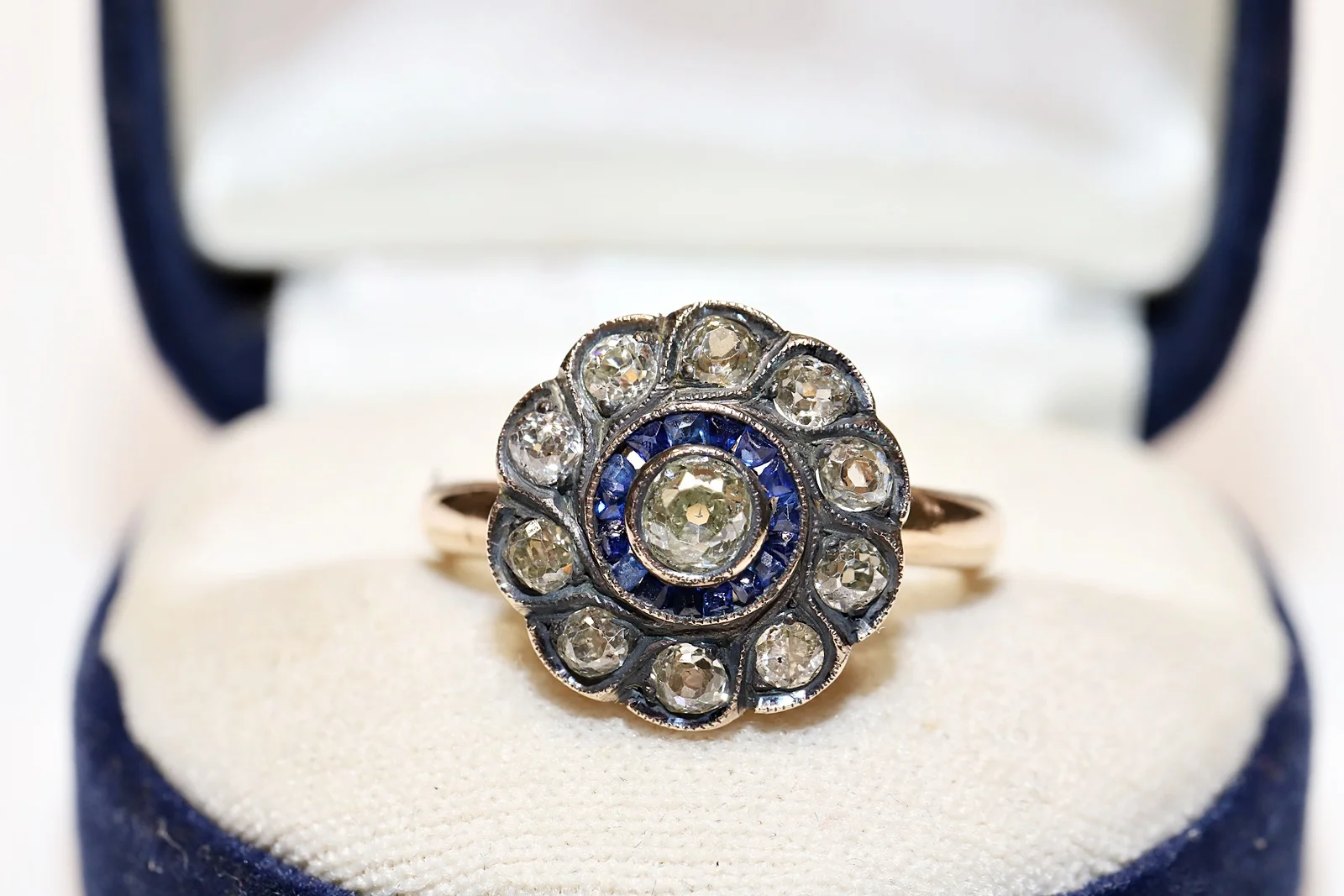 

Antique Original Victorian 18k Gold Natural Diamond And Caliber Sapphire Decorated Amazing Ring