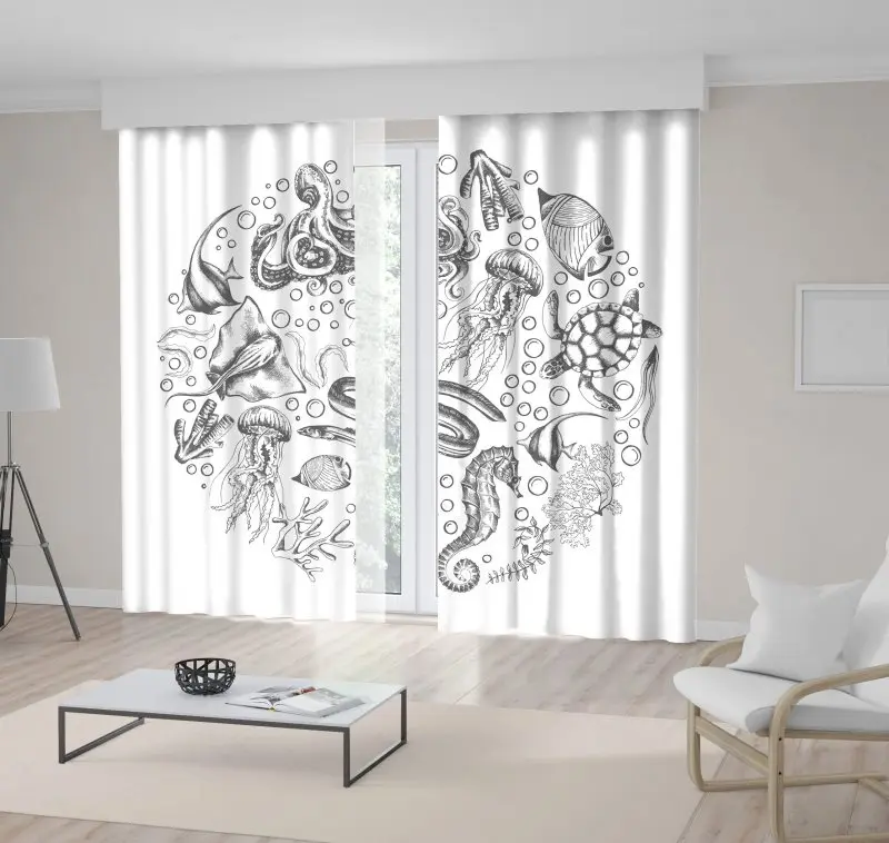 

Curtain Jellyfish Octopus Seahorse Stingray Fish Turtles Seaweed Sea Life Enclosed in A Circle Printed Black White