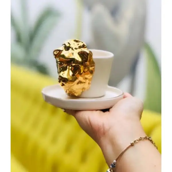 

Lion Figured Cup and saucer Espresso Gold gilded Turkish coffee creative mugs white ceramic stylish new style cute handmade
