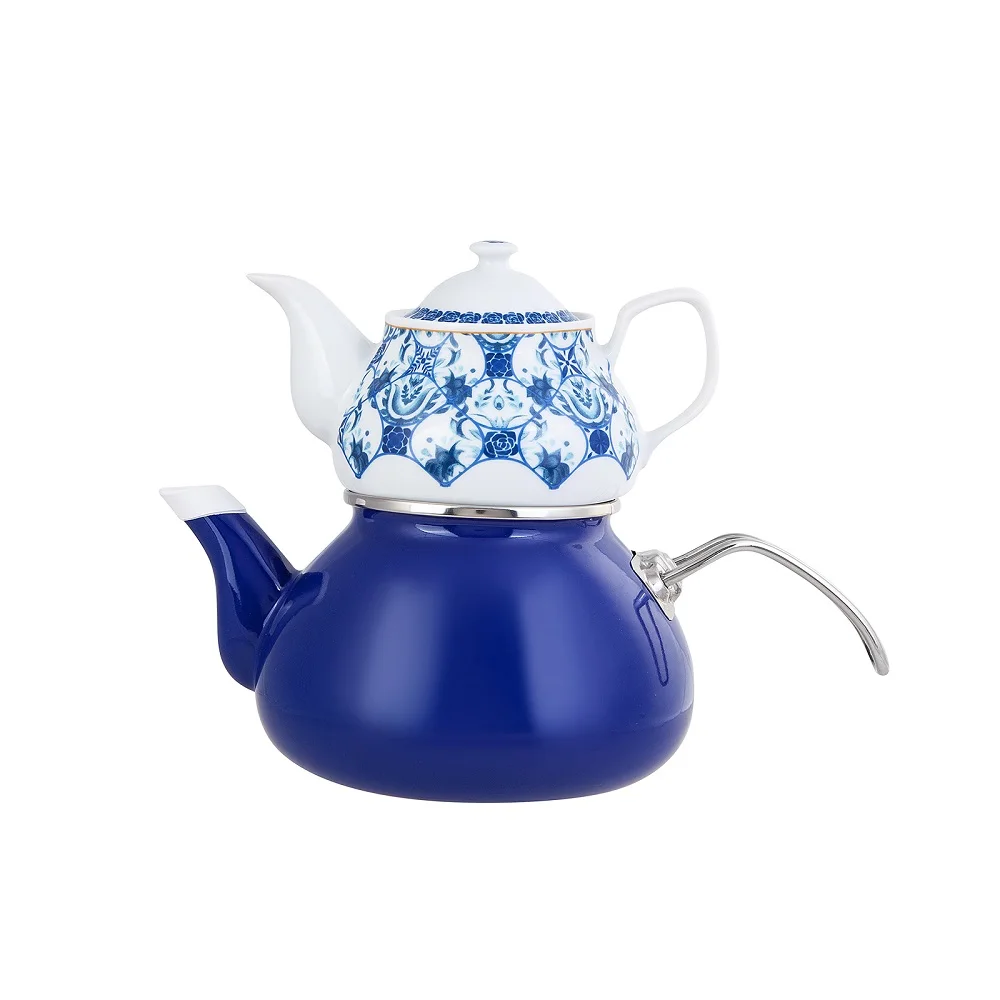 

White Pattern Teapot Set Top White, Patterned Porcelain Bottom Blue Enamel Teapot, Stylish Design, Christmas Gift