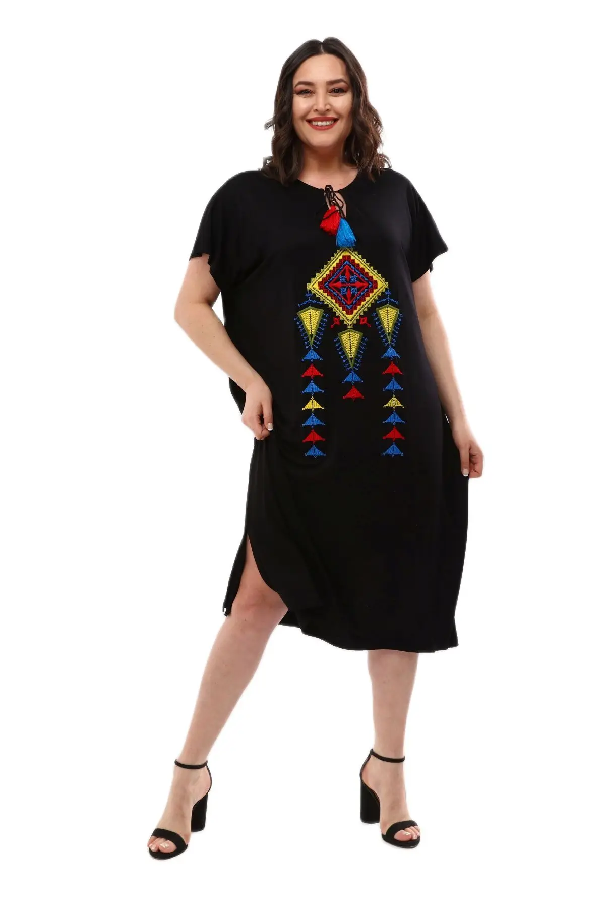 Women’s Plus Size Dress Geometric Embroidery And Tassel Detail Wide Cut Comfortable, Designed and Made in Turkey, New Arrival