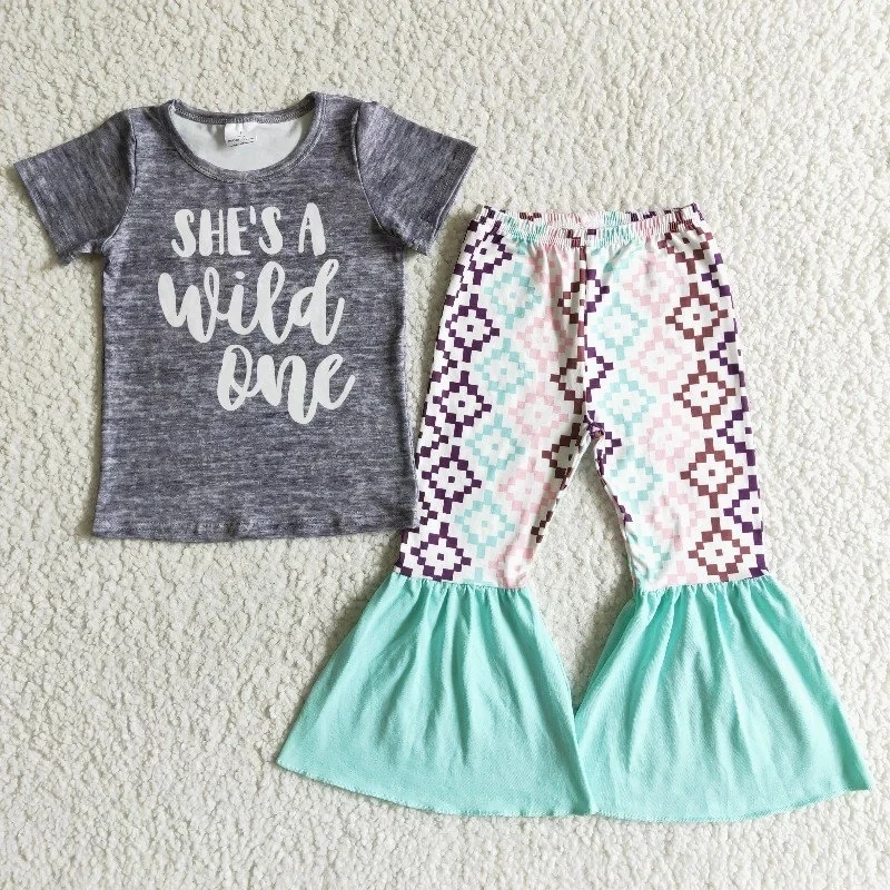 

She's A Wild One Baby Girl Boutique Clothes Gray Shirt Top Bells Diamond Lattice Green Pants Children Set Kids Wholesale Outfit