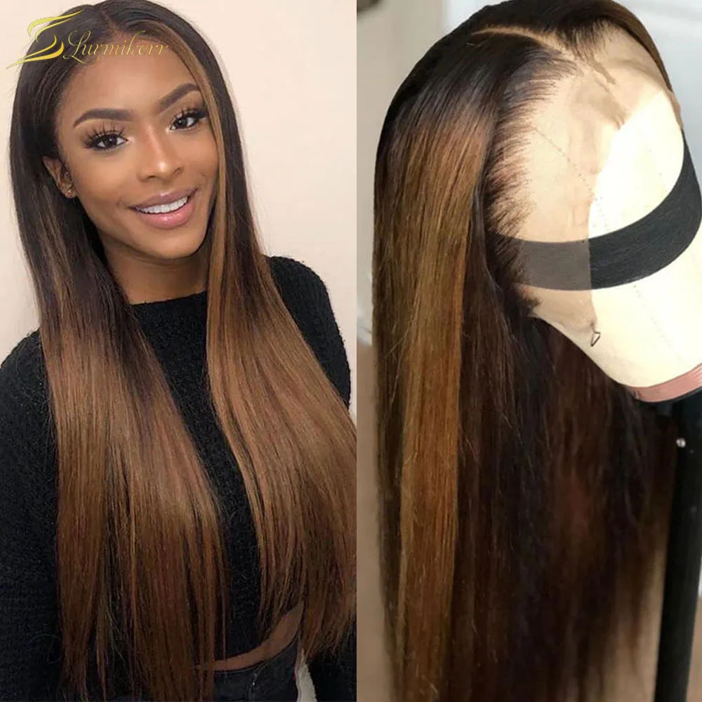 

Ombre Brown Blonde Long Straight Lace Front Wig Human Hair Highlight Color Transparent HD Lace Frontal Wig Full PrePlucked 13x6
