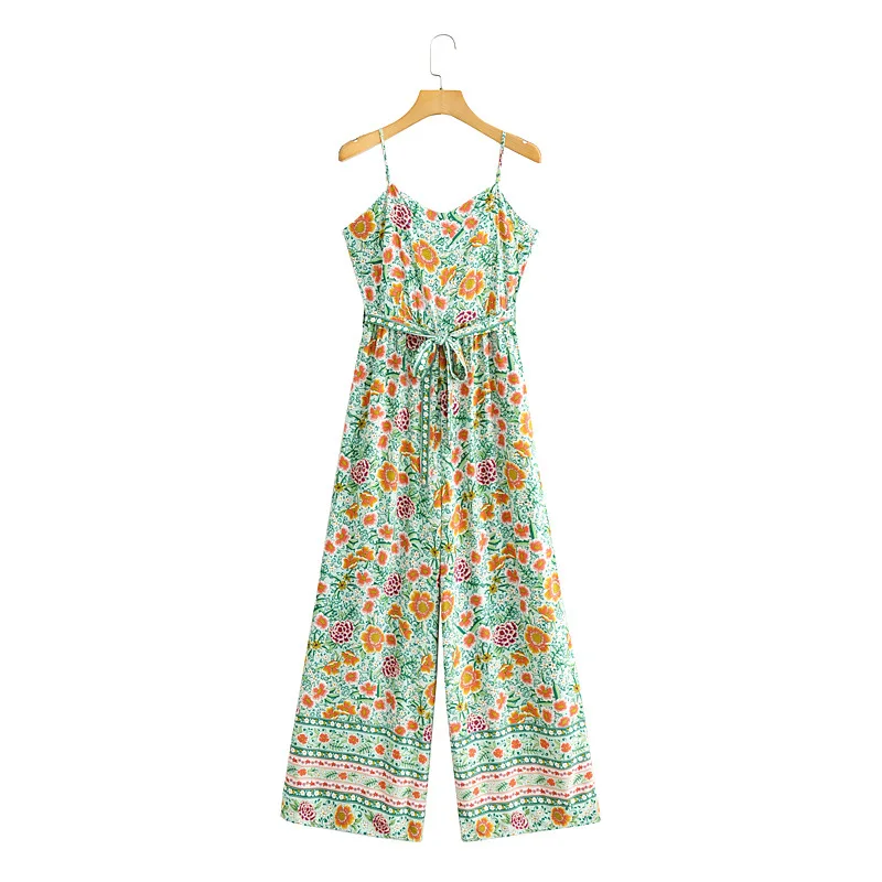 

Floral Print Romper Backless Adjustable Women Long Wide Leg Sash Summer Jumpsuits