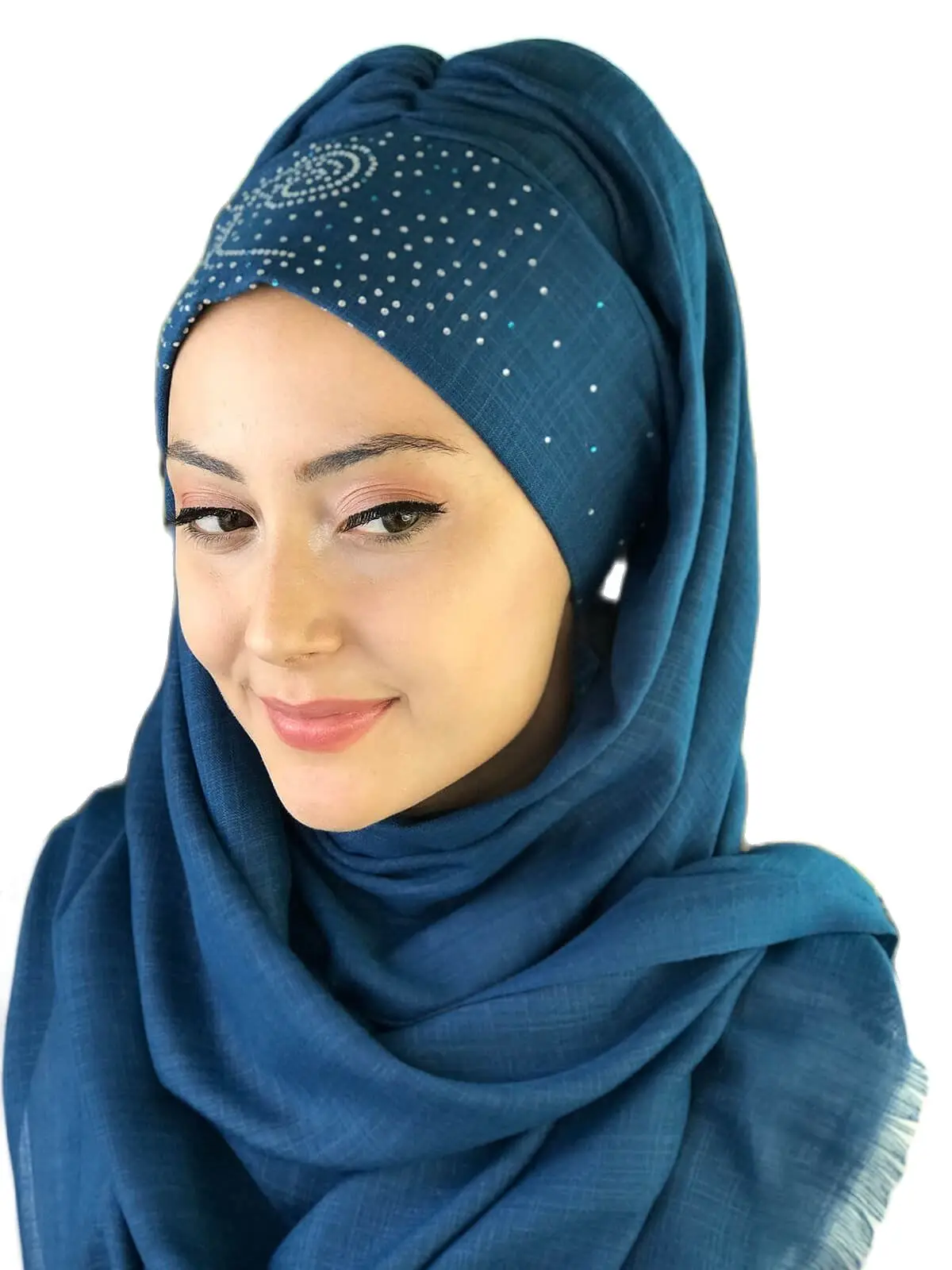 

2021New Fashion Hijab Women Muslim Islamic Chiffon Scarf Hat Foulard Sequins Printed Spiral Pattern Dark Blue Ready Made Shawl