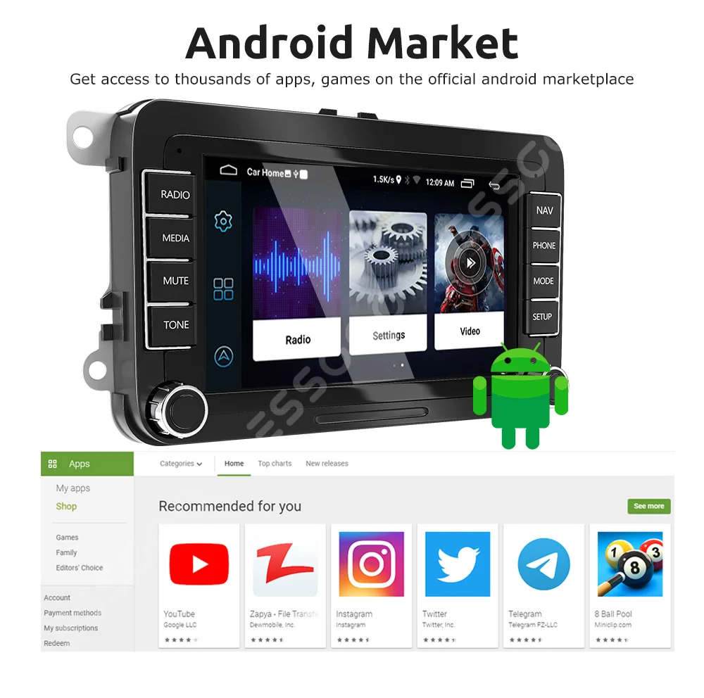 $88.72 ESSGOO Car Radio Stereo 2 Din Android 9 Multimedia Player For Volkswagen VW Seat Skoda Passat polo Golf Autoradio GPS Navigation