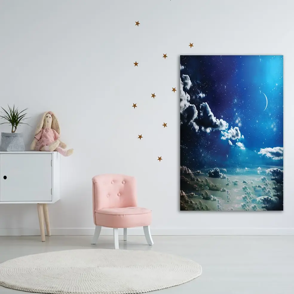 Гобелен вечерний полумесяц сияющие звезды в облачном небе отражение лунного