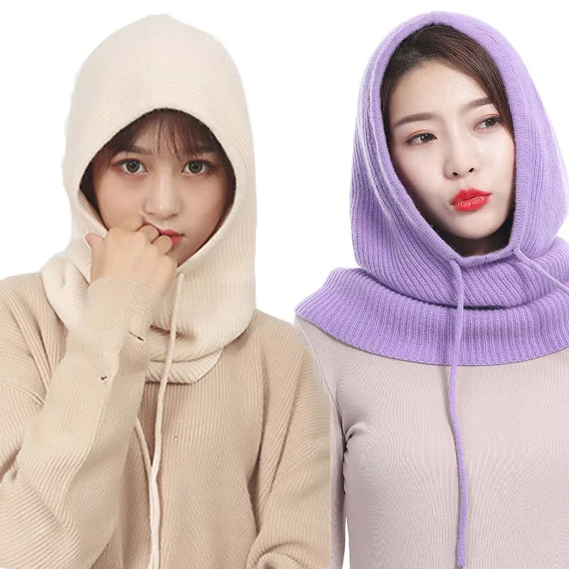 

шапка женская Women Knitted Cashmere Hooded Neck Collar Cap Head Drawstring Thick Beanie Caps for Men Adjustable Elastic Bonnet
