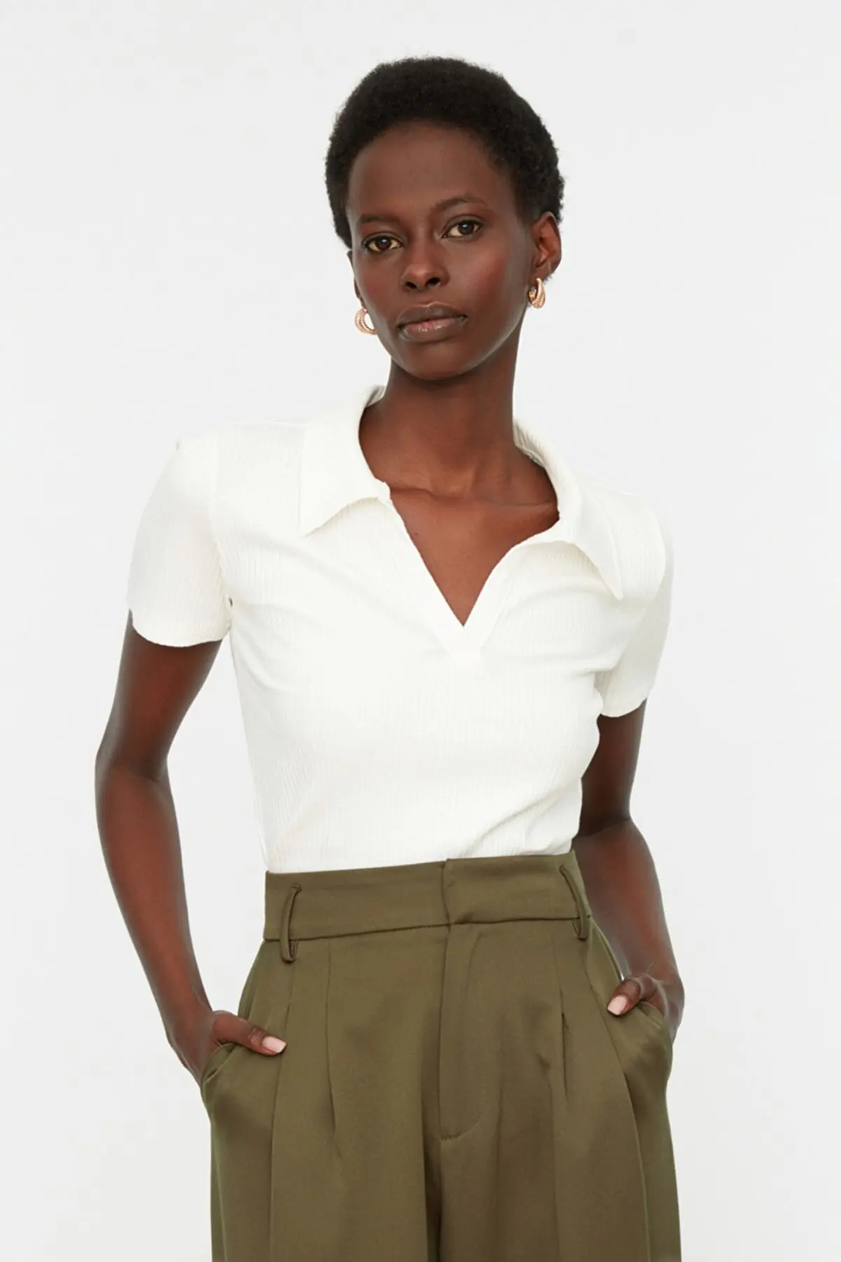 

White, Women, Blouse, V-Neck, Crop, Knitted, Comfortable, Flexible, Good Quality Woven, solid Stitching, Cotton, Modern, Short Sleeve, Casual And Special Occasions,