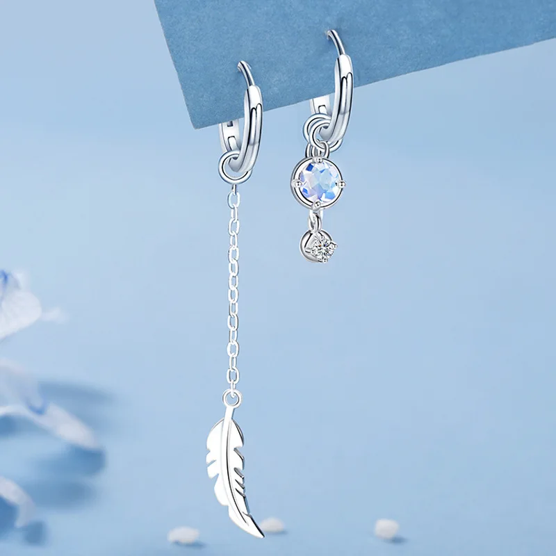 

New Fashion Asymmetric Moonstone Feather Drop Earrings for Women Personality Tassel Ear Line Ear Buckle Luxury Jewelry Gift 2022