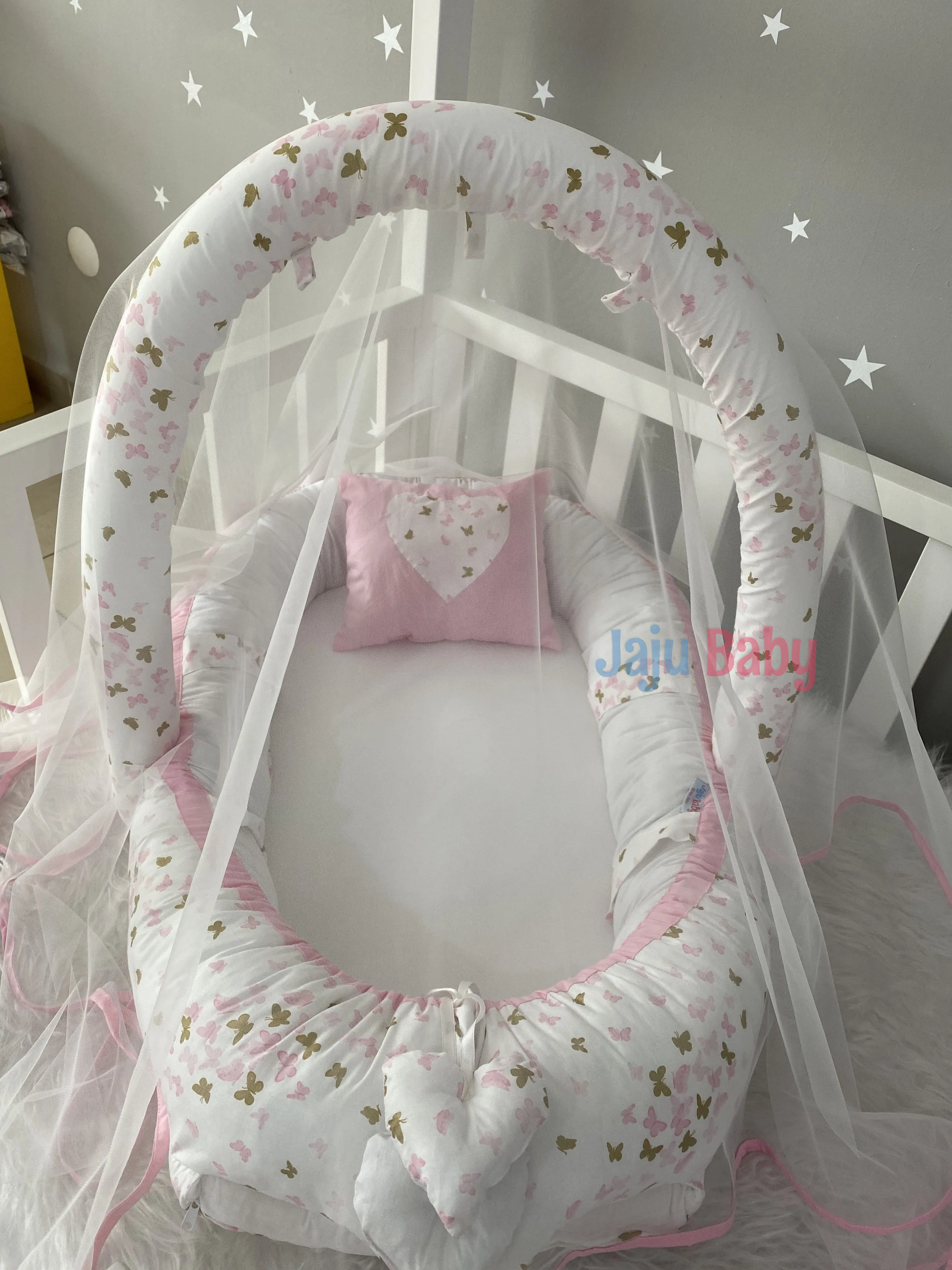 Jaju Baby Handmade Pink Butterfly Patterned Mosquito Net and Toy Apparatus Luxury Design Babynest Mother Side Portable Baby Bed