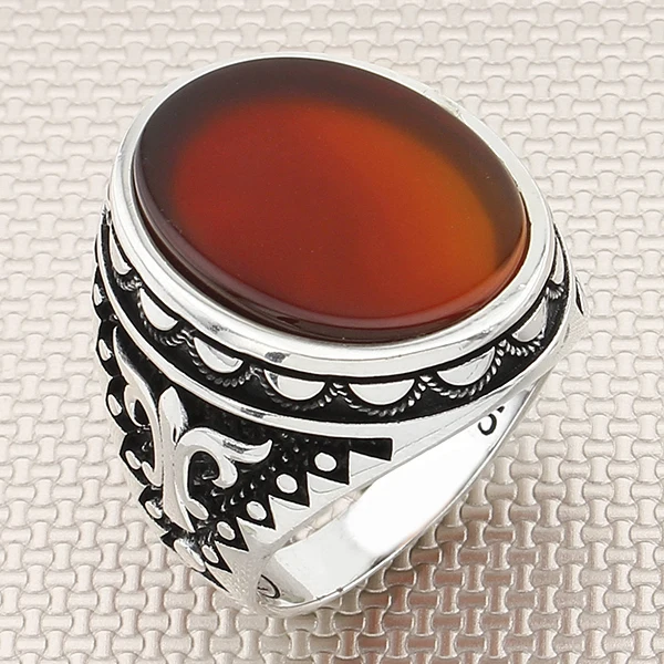 

Gothic 925 Sterling Silver Patterned Bombe Red Agate Gemstone Men Ring Jewellery Handmade Ring made Natural Gemstone Men Ring