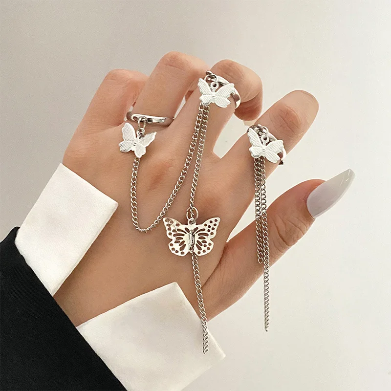 

Fashion Butterfly Rings for Women Adjustable Chain Finger Ring Set Gold Silver Female Party Jewelry Gifts