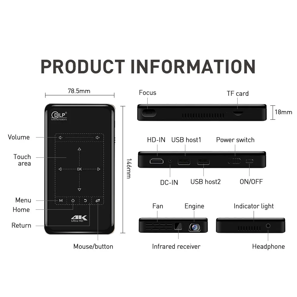 

Support 4K Projector Full HD 1080P Smart Pocket Projector Mini Projetor Android 8G Wifi Bluetooth DLP Home Theater