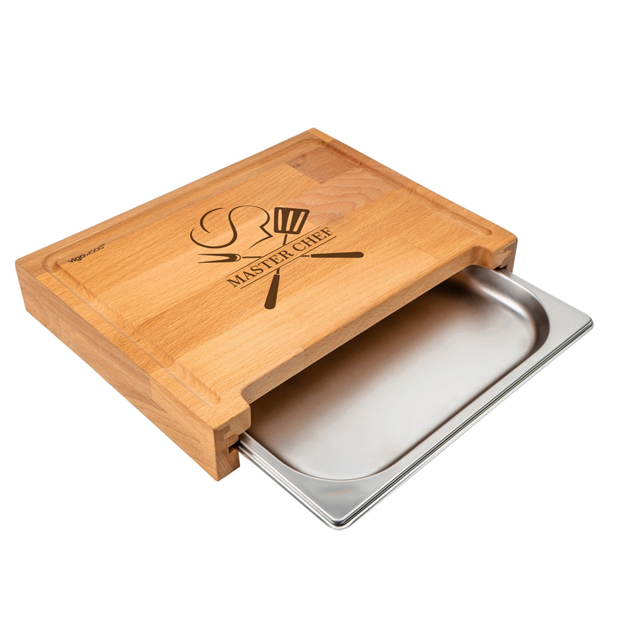 

Beech Wood Cutting Board with G1/4 Gastronorm Stainless Steel Container, Butcher Block with Container Drawer