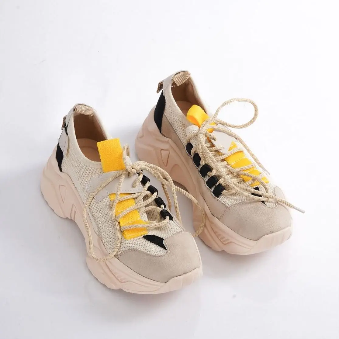 

Basskan Women Sneaker Young Fashion Sports Shoes High Outsole Lace-Up Comfortable Casual Walking Spring And Autumn Beige Yellow Black
