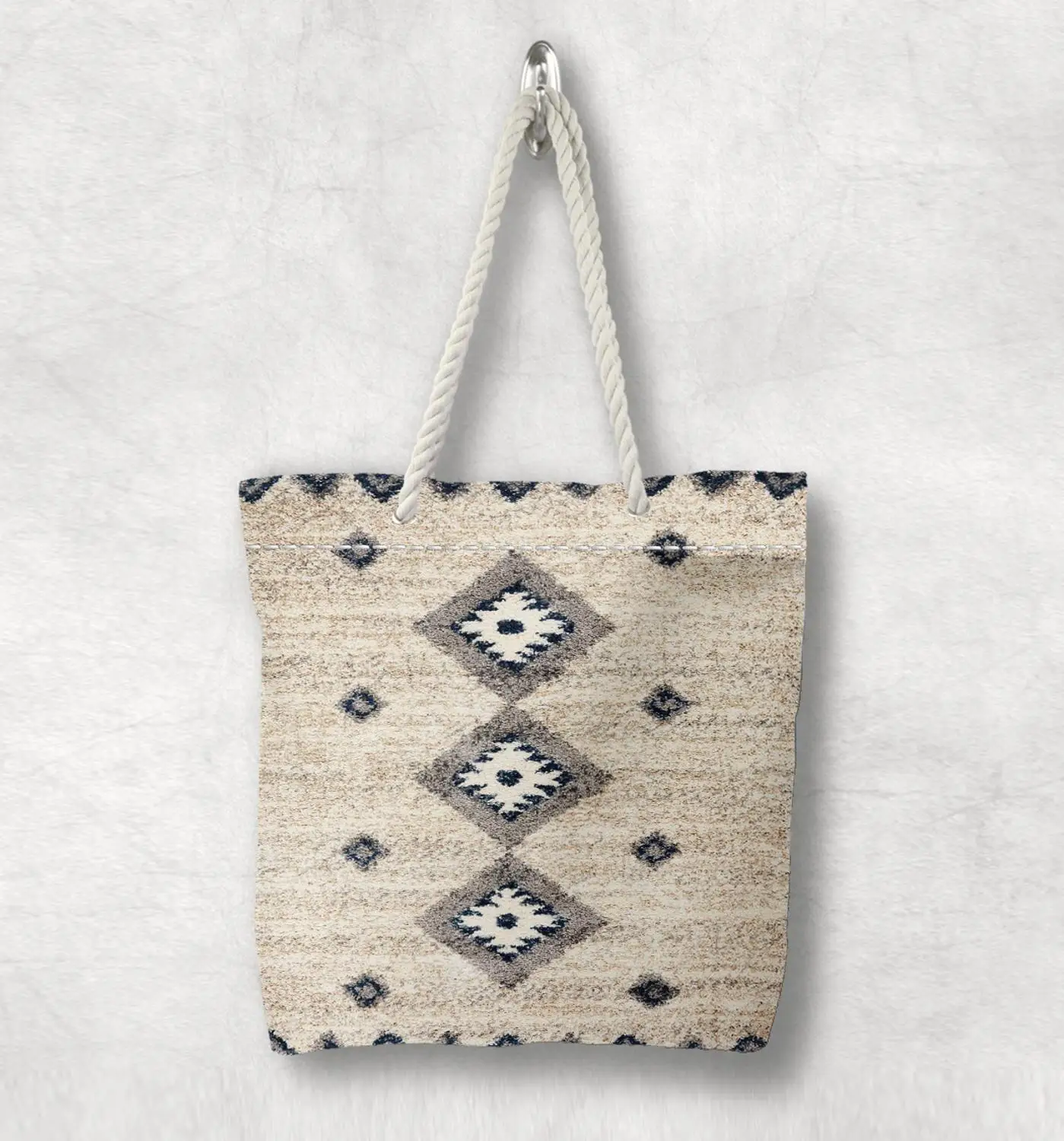 

Else Beige Gray Antique Anatolia Turkish Kilim Design White Rope Handle Canvas Bag Cotton Canvas Zippered Tote Bag Shoulder Bag