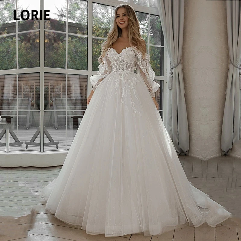

LORIE Glitter Wedding Dresses Puffy Sleeves Appliques Lace 3D Flowers off Shoulder Tulle Boho Bride Gown 2021 Vestidos De Novia