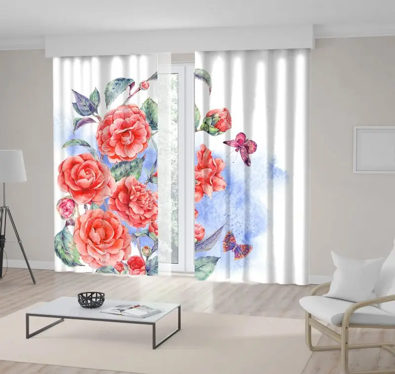 

Curtain with Bouquet Roses Flowers and Butterflies Nature Vintage Garden Watercolor Art Pink Green Blue