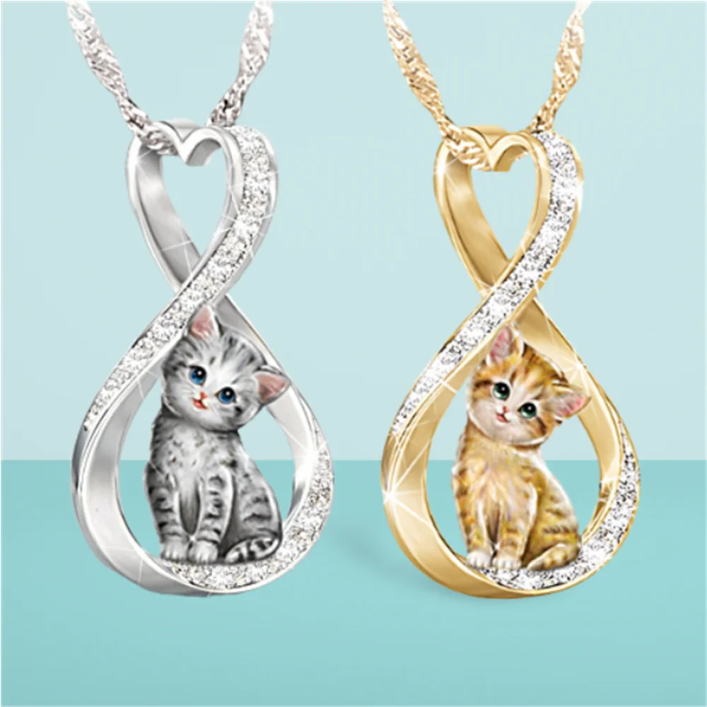 

Cute Heart Infinity Ring Cat Rhinestone Pendant Necklace Exquisite Fashion Women's Necklace Party Jewelry Romantic Jewelry Gifts