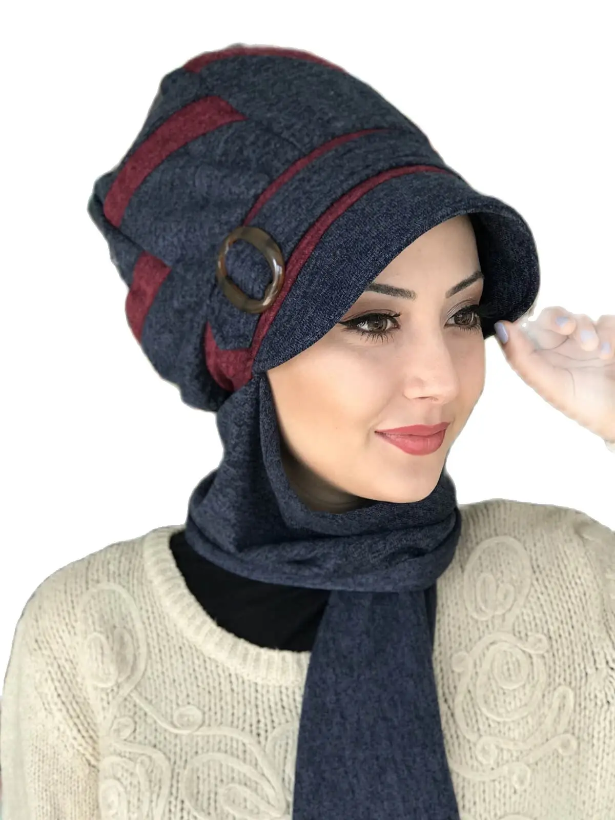 Islamic Fashion Muslim Women Hijab 2021 Trend Scarf Buckle Ready Sal Hat Bathing Cap Beret Burgundy Navy Blue Horsehair Buckled Hat