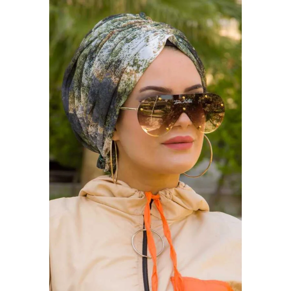 Haki Tie Dye Digital Print Buckled Hijab Shawl Muslim Women Clothing Fashion Spring Summer 2022 Abaya Khimar Jilbab Islamic Scarf stylish