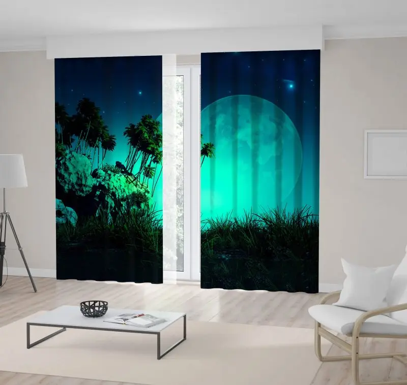 

Curtain Summer Sky Super Moon Stars over Colorful Fantasy Landscape with Palm Trees Grass Stones Art Green Blue