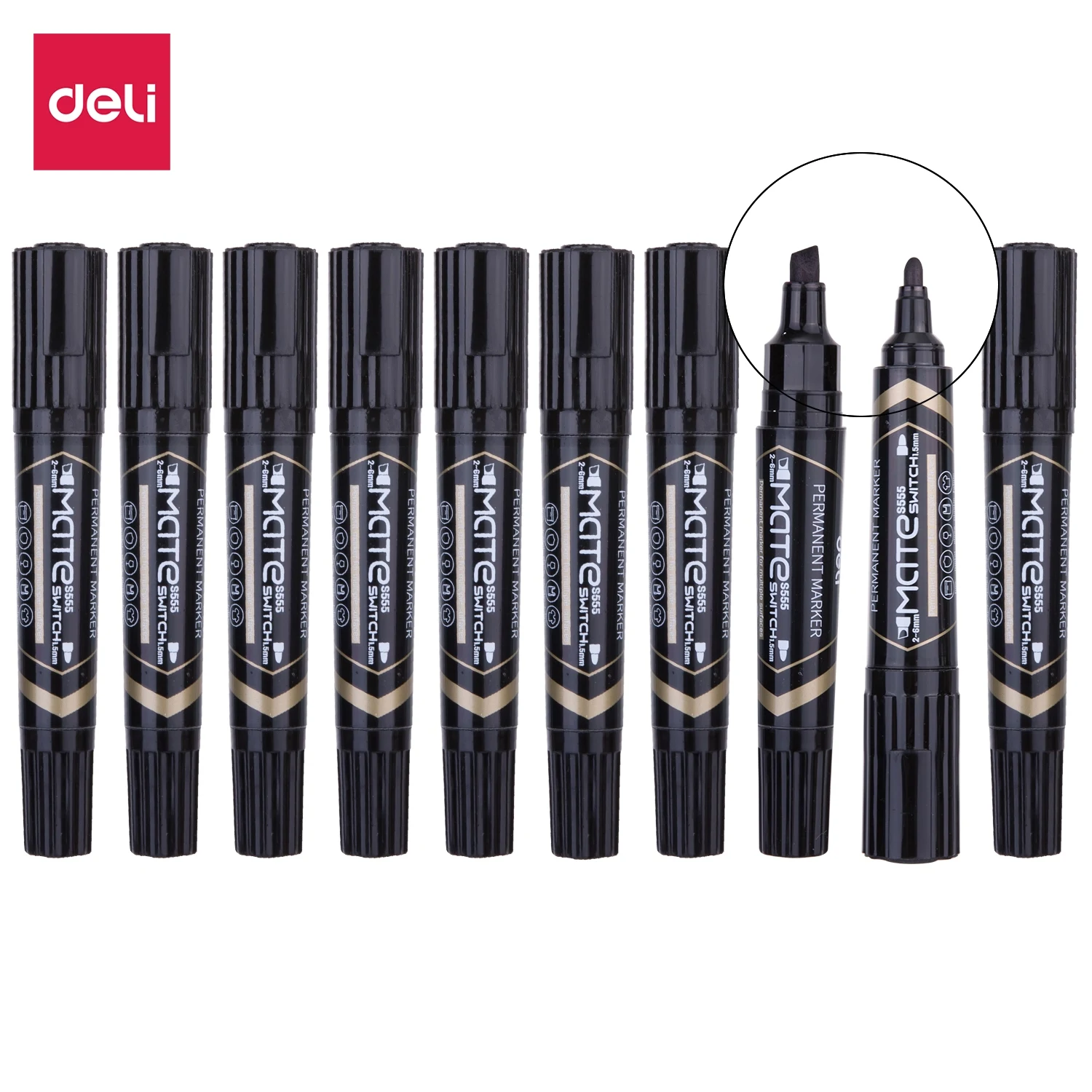 DELI Permanent Marker Dual Tips 10PCS/Box Bullet Tip 1.5mm Chisel tip 1-6mm Stationery Water Proof Permanent Marker Pens