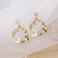 new korean hollow wreath flower earrings for women crystal zircon sweet bee butterfly stud earring girl wedding party jewelry